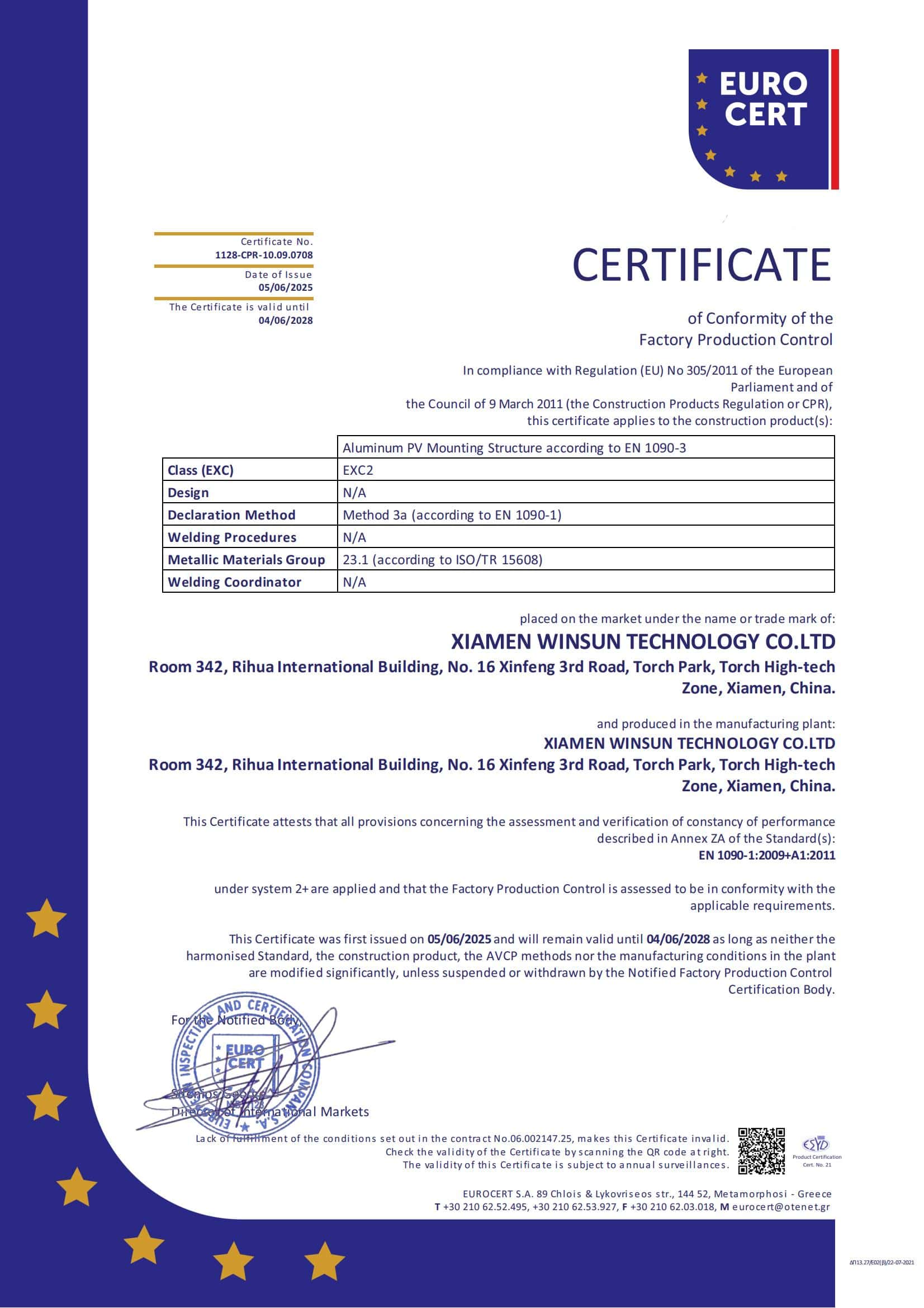 Certificado CE para la estructura de montaje solar Winsun (EN 1090-1)